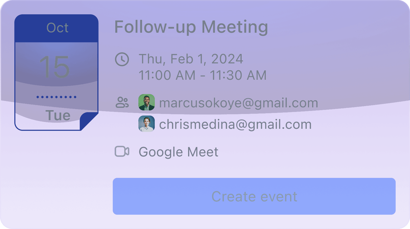 AI assistant suggesting a calendar invitation for a meeting, including a button to create the event