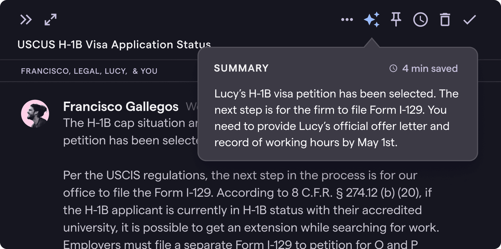 AI-generated summary of complicated visa discussion with lawyers